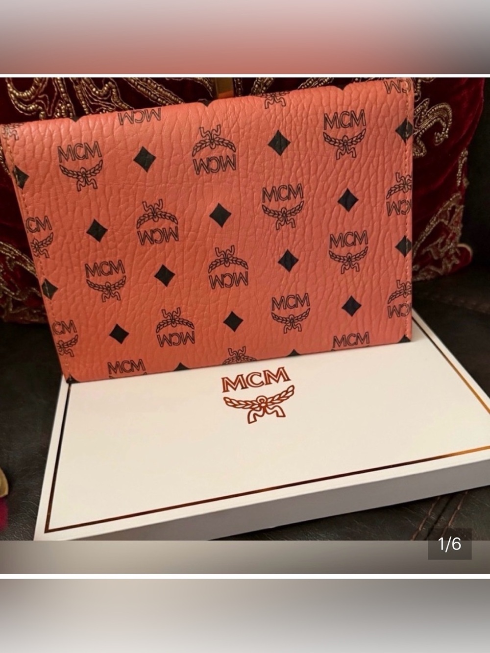 MCM Tan Colored with Black Logo Visetos Envelope Clutch.